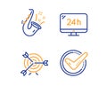 24h service, Target and Jazz icons set. Confirmed sign. Call support, Targeting, Saxophone. Accepted message. Vector