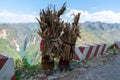 Ha Giang mountain view at Ma Pi Leng pass with children carry wood on back heading home on road Royalty Free Stock Photo