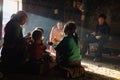Ha Giang, Vietnam - Feb 13, 2016: H`mong ethnic minority family having lunch in their house in Yen Minh district, under sun beam