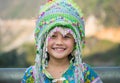 Ha Giang, Vietnam - Feb 13, 2016: Portrait of H`mong little girl wearing traditional dress during Lunar New Year holiday in