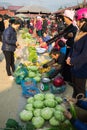 Ha Giang, Vietnam - Feb 14, 2016: Rural local market in Van district, Ha Giang. The trading goods are almost homemade things