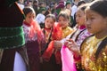 Ha Giang, Vietnam - Feb 7, 2014: Unidentified group of children wearing Hmong traditional new year clothe, waiting for their danci