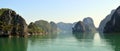 Panorama of the limestone karsts in the early morning Halong Bay Vietnam Royalty Free Stock Photo