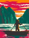 Ha Long Bay or Halong Bay with Boat Vendor Vietnam WPA Art Deco Poster