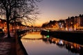 Ha`penny Bridge and the north banks of the river Liffey in Dublin City Centre at night Royalty Free Stock Photo