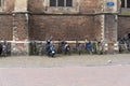 Haarlem/Holland - October 06 2019: Bicycles park in a row near a historical brick building