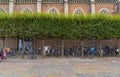 Haarlem/Holland - October 06 2019: Bicycles park in a row near a historical brick building