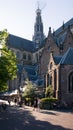 Haarlem, The Netherlands, May, 2018: Super beautiful sunlight over St. Bavo reformed protestant church in the old town.