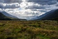 Haast River Valley, South Island, New Zealand. Misty hills in background. Royalty Free Stock Photo