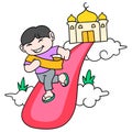 The habit of Muslim children comes to the mosque cheerfully to worship. doodle icon image kawaii