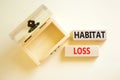 Habitat loss symbol. Concept words Habitat loss on wooden block. Beautiful white table white background. Empthy opened wooden