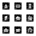 Habitation icons set, grunge style