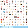 100 habits icons set, cartoon style