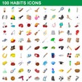 100 habits icons set, cartoon style