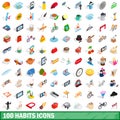 100 habits icons set, isometric 3d style