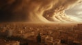 Haboob dust storm over city. Sand storm in desert of high altitude with cumulonimbus rain clouds. Royalty Free Stock Photo