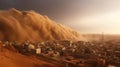 Haboob dust storm over city. Sand storm in desert of high altitude with cumulonimbus rain clouds. Royalty Free Stock Photo