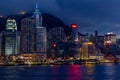 HABOUR CITY HONG KONG, 08 JUNE 2019 : Night time beautiful scenery. skyline of Hong Kong city from Tsim She Tsui area face to Royalty Free Stock Photo