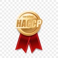 HACCP certified award ribbon, food safety and quality badge, vector golden medal. HACCP certificate gold guarantee stamp,