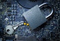 Hack security Data protection. Computer Internet safe with lock, key on microscheme chip. Concept image of security Royalty Free Stock Photo
