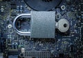 Hack security Data protection. Computer Internet safe with lock, key on microscheme chip. Concept image of security Royalty Free Stock Photo