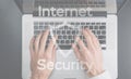 Hack security data protection. Computer Internet safe symbol on blured keyboard background. Business, technology