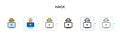 Hack vector icon in 6 different modern styles. Black, two colored hack icons designed in filled, outline, line and stroke style.