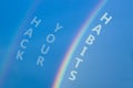 Hack your habits symbol. Rainbow in the blue sky. Words Hack your habits. Peaceful nature. Beautiful blue background. Business,