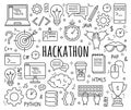 Hackathon and datathon set of doodle style icons.