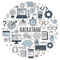 Hackathon and datathon set of doodle style icons.