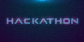 Hackathon HUD hologram cyberpunk style banner. Neon tech Hackathon glitch inscription on dark background. Design element