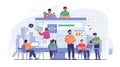 Hackathon isometric landing page. Team of computer programmers, project managers, graphic designers develop software, coding,...