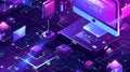 Hackathon landing page. Web banner with a 3D logo. Computer desktop with binary code on screen. Pc software development Royalty Free Stock Photo