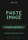Hackathon poster. Retrowave cyberpunk futuristic poster with 8-bit pixel glitch typography, binary code and copy space