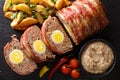 Hackbraten Meat loaf with egg served with potato wedges and sauce close-up on a slate plate. Horizontal top view Royalty Free Stock Photo