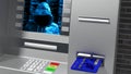 Hacked ATM while inserting credit card showing hoody hacker