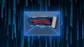 HACKED lettering in ripped cutout of symbolic email envelope over background with random hanging rows of binary code