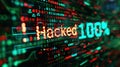 hacked text on Bits and bytes binary code on a dark background. Concept of hacking cybersecurity.