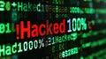 hacked text on Bits and bytes binary code on a dark background. Concept of hacking cybersecurity.
