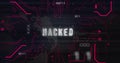 Hacked text over digital world map and binary code image
