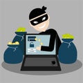 A hacker steals money, confidential data, personal information, and a credit card from a laptop computer. Royalty Free Stock Photo