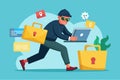 A hacker accesses a locked folder on a laptop while carrying stolen items in a modern digital setting, Hacker breaches locked Royalty Free Stock Photo