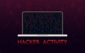 Hacker activity concept. Hacked laptop on red binary background. Malware design with matrix backdrop. Mining of