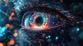 Hacker or AI robot eye in dark blue space, cyborg vision on digital background. Concept of cyber security, technology, future,