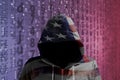 Hacker in an american hoody in front of a code background with binary streams and information security terms cybersecurity concept