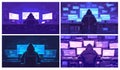 Hacker. Anonymous cyber thief attack information systems, surrounded by computer screens, digital crime danger vector