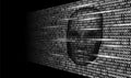 Hacker artificial intelligence robot danger dark face. Cyborg binary code head shadow online hack alert personal data