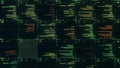 Hacker attack through network by writing a special code on a black computer screen. Animation. Abstract data bits stream