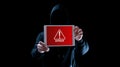 Hacker tablet cyber security. Digital mobile phone in hacker man hand isolated on black banner. Internet web hack