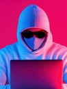 Hacker attempting a cryptocurrency theft in neon-lit environment at night